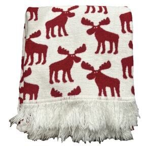Docofil White Moose Blanket Ivory Red Cotton Blend Fringe Thick Throw Portugal